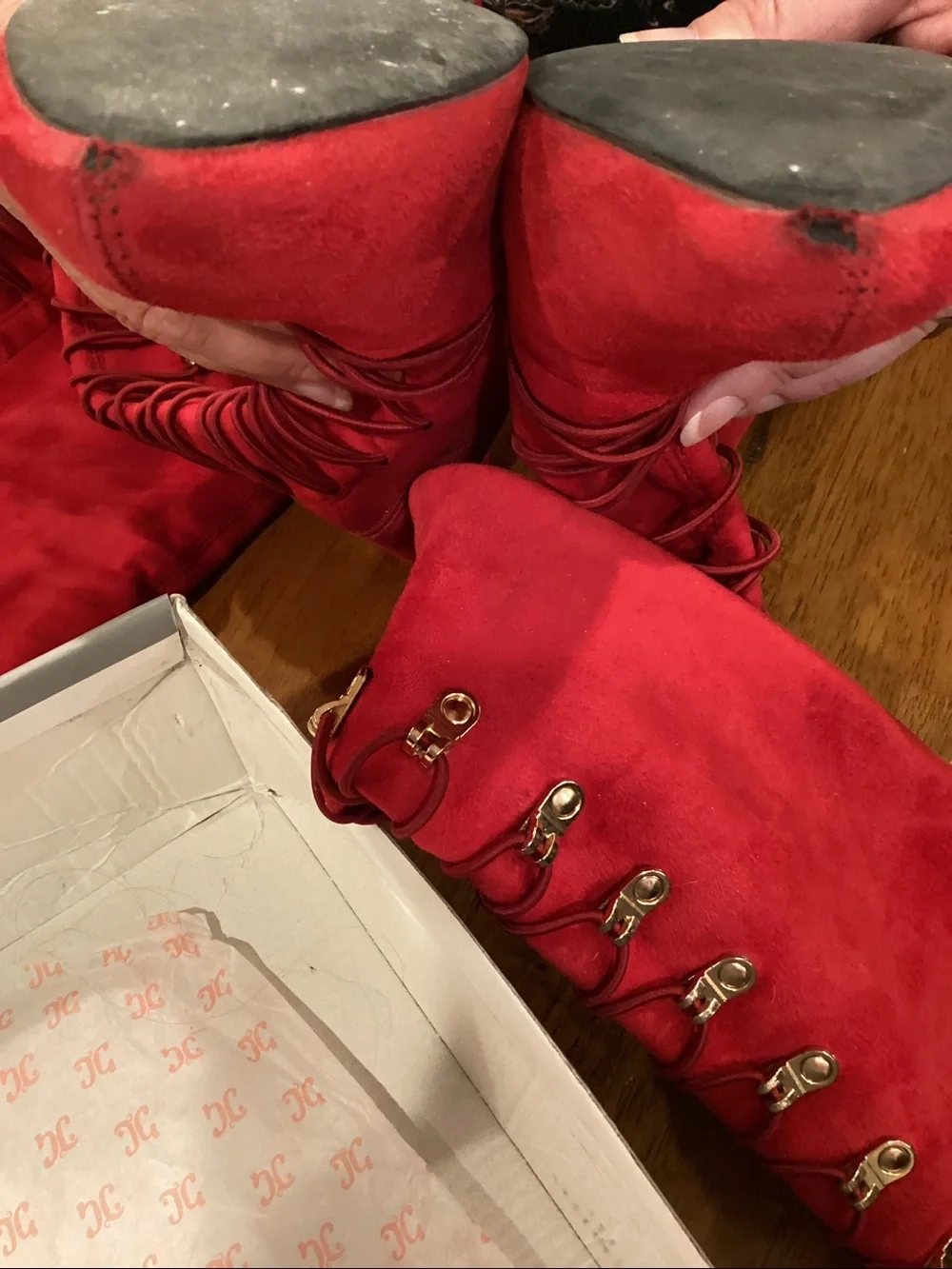 Red Over-the-Knee Lace-Up Heeled Boots - Women's